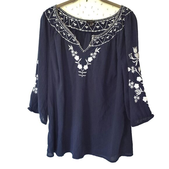 Talbots Top XL Navy White Embroidered Popover Tunic Cotton Coastal Beachy Boho - Picture 1 of 15